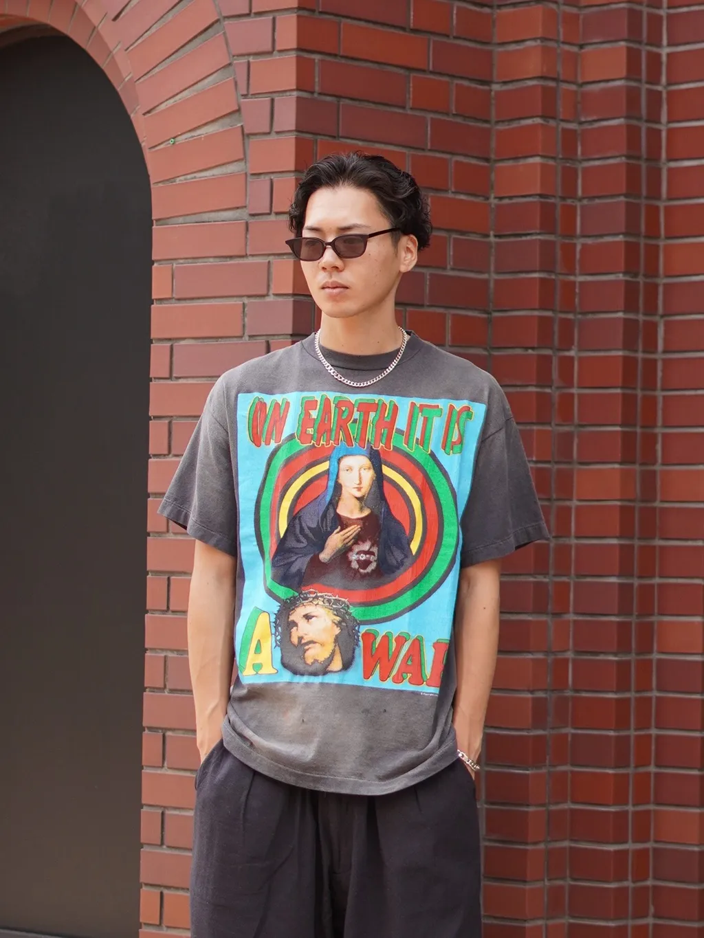 SAINT MICHAEL SS TEE/ON EARTH/BLK Jesus, Mary, Holy Infant Earth TEE Ready-to-wear Assut special piece dyeing, washed and distressed Vintage process, front and rear super complex super large printing, top purchasing agent technology